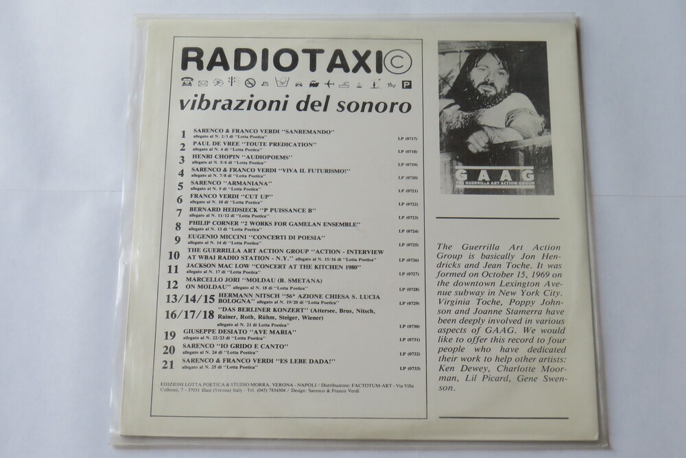 (SARENCO). RADIOTAXI 10. Vibrazioni del sonoro. The Guerrilla Art Action Group "Action-Interview at Wbai Radio Station-N.Y".